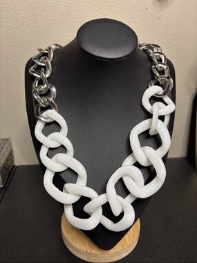Vintage RJ GRAZIANO CN Stainless Steel Chunky White Plastic Chain Necklace